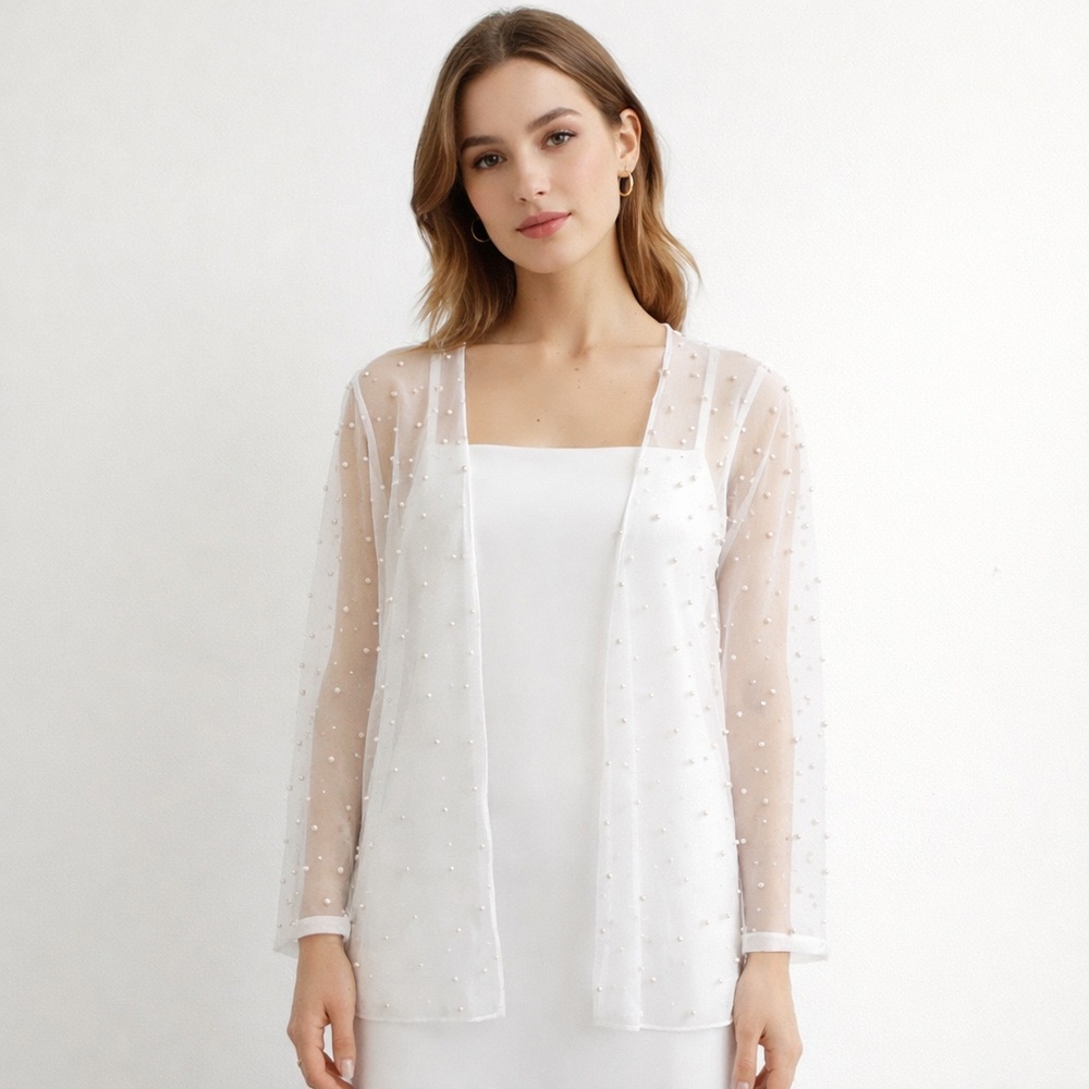 Sheer layering cardigan white pearls whimsy etherial fairy wedding guest summer